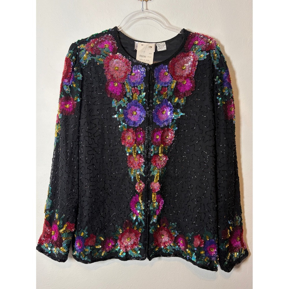 Vintage Laurence Kazar Silk Floral Sequin Beaded Jacket Size L Black
